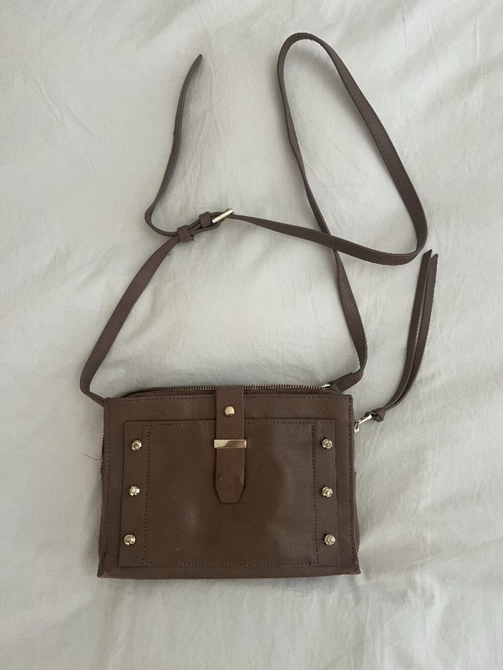 Botkier NY Warren City Crossbody Handbag Leather Taupe Beige Studded Tan brown